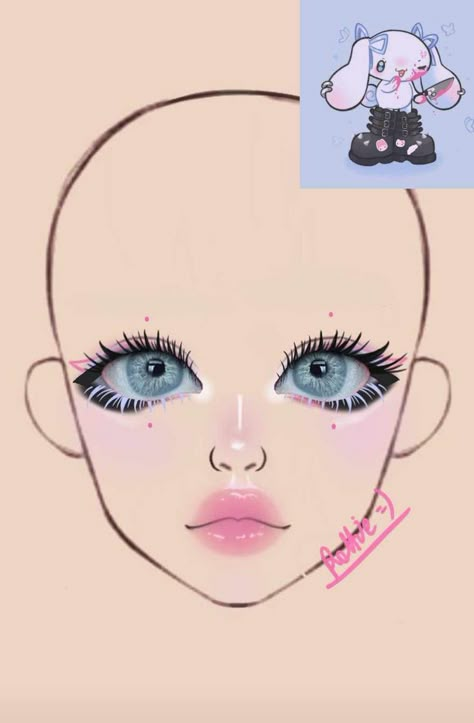 Kawaii Fall Makeup, Sanrio Makeup Look, Yami Kawaii Makeup, Face Paint Makeup Ideas, My Melody Makeup, Sanrio Makeup, Unconventional Makeup, Makeup Charts, Anime Eye Makeup