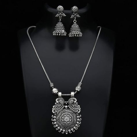 Bollywood Style Oxidized Necklaces For Festivals, Bollywood Oxidized Finish Necklaces For Festivals, Festive Oxidized Pendant Jewelry Sets, Bollywood Oxidized Necklace For Festivals, Ornate Oxidized Necklace For Festivals, Oxidized Jhumkas, Black Dessert, Oxidised Silver Jewelry, American Diamond Jewellery