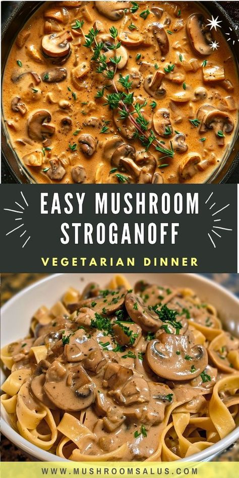 Looking for a delicious and comforting vegetarian dinner idea? Try this Easy Mushroom Stroganoff recipe! Perfect for a cozy fall meal, this creamy dish is loaded with rich flavors and is a must-try for both vegetarians and vegans.   Our Vegan Mushroom Stroganoff uses hearty mushrooms and a luscious sauce, creating the ultimate Mushroom Dish that's both satisfying and easy to make.  Ideal for a One Pot Vegetarian meal that's perfect for a quick weeknight dinner. Check out our recipe and enjoy a warm, comforting dish tonight! Mushroom Dinners Vegetarian, Recipes For Dinner Mushrooms, One Pot Mushroom Stroganoff, Easy Vegetarian Recipes For One, Fall Meals Dairy Free, Cozy Vegetarian Recipes, Vegan Stroganoff Recipe, Creamy Vegetarian Recipes, Comforting Vegetarian Meals