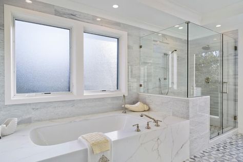 Bathroom Window Glass, Shower Privacy, Tub Remodel, Bathroom Improvements, Window In Shower, Young House, Contemporary Bathroom Designs, Bathroom Window, Basement Renovation