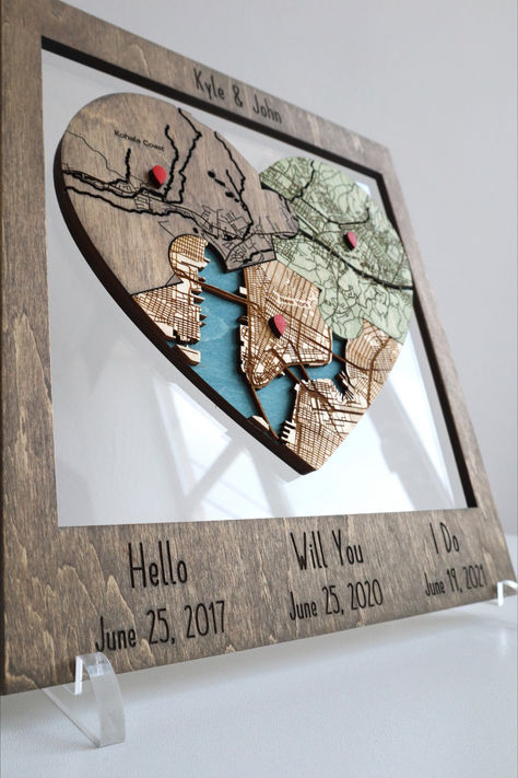 Our Locations Heart Puzzle Map is a thoughtful and personalized wooden wall art that combines two different locations in one heart shape. Each location is highlighted in a different color, creating a beautiful puzzle effect. Perfect for weddings, anniversaries, engagements, or housewarming parties. A unique and meaningful way to commemorate the journey of a couple in love. A Couple In Love, Car Guy Gifts, Heart Puzzle, Wood Map, Map Wall Decor, Couple In Love, First Anniversary Gifts, Map Decor, First Anniversary