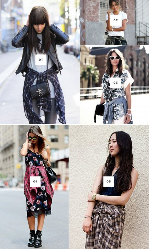 A throwback to 90's style, how to wear your shirt around your waist: http://verilymag.com/how-to-style-the-shirt-tied-around-the-waist-trend/  #style Tying Flannel Around Waist, Flannel Shirt Tied Around Waist Outfits, How To Wear A Flannel Around Your Waist, Band Shirt And Flannel Outfit, Dress With Flannel Around Waist, How To Tie Shirt Around Waist, Flannel Around Waist, Shirt Tied Around Waist, Dress With Flannel