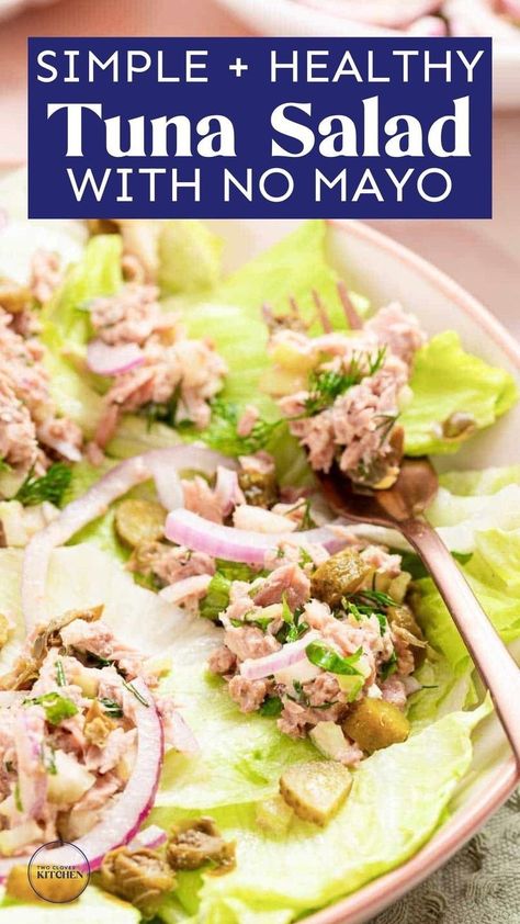 Yummy and easy tuna salad recipes with no mayo! If you're looking for no dairy tuna salad you're in for a treat! Easy to make and great to make ahead for meal prep and more. Healthy tuna salad that is great on top of lettuce or in a sandwich. You could even add this gluten free tuna salad to pasta. This flavorful, healthy tuna salad without mayo uses celery, Dijon mustard, lemon juice, fresh herbs, and extra virgin olive oil to create a super flavorful dish. A healthy lunch or dinner recipe! Recipes Cold Lunch, Dairy Free Tuna Salad, Easy Healthy Meals For Dinner, Side Salad Ideas, Hot Lunch Recipes, Dinner Recipes Using Chicken, Tuna Salad Without Mayo, Protein Chicken Salad, Tuna Salad No Mayo