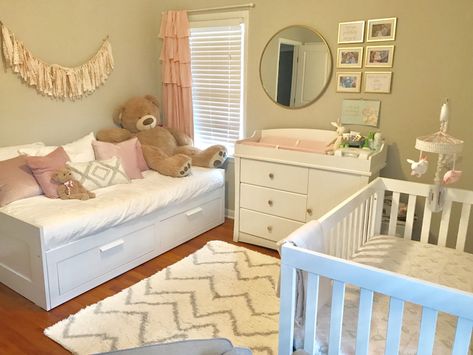 Nursery Room With Daybed, Daybed In Nursery, Target Frames, Nursery Guest Room Combo, Nursery Mirror, Mirror Hack, Nursery Guest Room, Ikea Nursery, Baby Nursery Inspiration