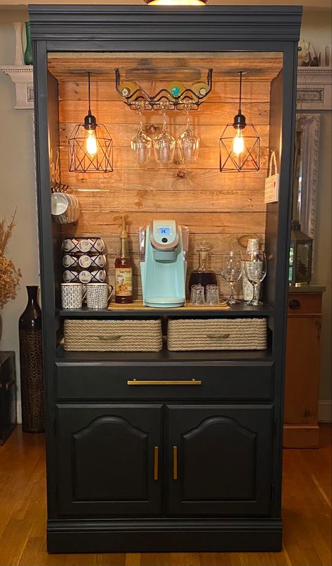 Coffee bar, wine bar Coffee Stations Ideas, Coffee Station Table, Coffee Station Ideas Countertop, Coffee Bar Hutch, Home Coffee Station, Coffee Bar Ideas Kitchen Counter, Bar Hutch, Wine And Coffee Bar, Armoire Bar