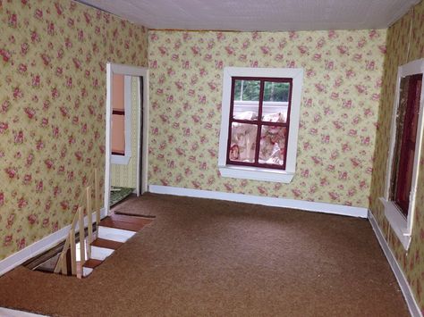 Here is the bedroom with new wallpaper and carpet, plus I started on the baseboards. French Country Decorating, The Bedroom, Baseboards, Diy Dollhouse, New Wallpaper, Lps, Country Decor, French Country, Something To Do