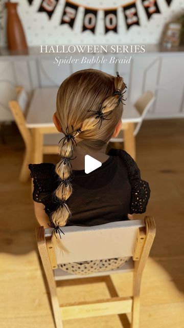 Camilla Thurman on Instagram: "Halloween hair series have begun!!! And it really is such a fun way to have fun with your daughter’s hair. They will LOVE the spooky hair 👻🎃✨💀   This spider bubble braid hairstyle was so much fun and surprisingly stayed in ALL day!! Bonus! 🕷️🕸️  Comment SPIDER HAIR and I will send you a DM to shop all the products and spiders we used.   #halloween #halloweenhair #halloweenhairstyles #halloweenhairbows #spider #spiderhair #spiderbubblebraids #bubblebraid #bubblebraids #colorfulelastics #funhair #festivehair #girlshair #girlshairstyles #girlshairstyle #spookyhair #toddlerhair #funhairstyles #momanddaughter #kidhalloween #halloweenkids #halloweenkidscostumes #trendinghair #🕷️ #🕷️🕸️ #sidepony #sideponytail" Halloween Bubble Braids, Spider Bubble Braids, Halloween Hair Spider, Fun Toddler Hairstyles, Halloween Spider Hair, Spooky Hair Day, Kids Halloween Hairstyles, Spooky Hairstyles For Kids, Halloween Hair For Kids