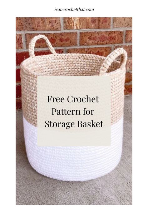 Free crochet pattern for a beige and white storage basket with handles. Free Crochet Large Basket Pattern, Tall Crochet Basket, Handy Basket Crochet Pattern, T Shirt Crochet Basket, Storage Basket Crochet Pattern Free, Crochet Basket With Rope, How To Crochet Baskets Free Pattern, Crochet Basket Large, Crochet Hanging Laundry Basket