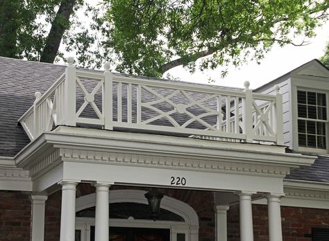 Porch Railing - McClure l architecture Decorative Porch Railing, Chippendale Railing, Porch Railing Designs, Front Porch Railings, Balcony Railing Design, Fibreglass Roof, Colonial Exterior, Porch Roof, Modern Pergola