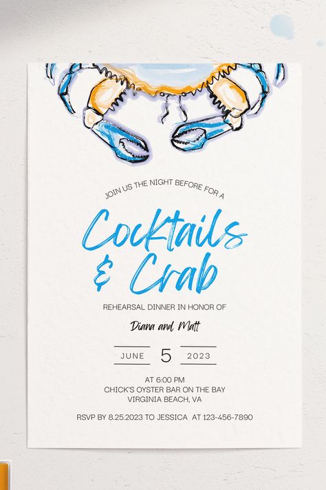 Crab wedding rehearsal dinner invitation Wedding Rehearsal Dinner Ideas Outfit, Seafood Boil Rehearsal Dinner, Crab Boil Wedding, Lowcountry Boil Rehearsal Dinner, Crab Island Bachelorette Party, Coastal Rehearsal Dinner, Crab Boil Rehearsal Dinner, Beach Theme Rehearsal Dinner, Crab Wedding Decor