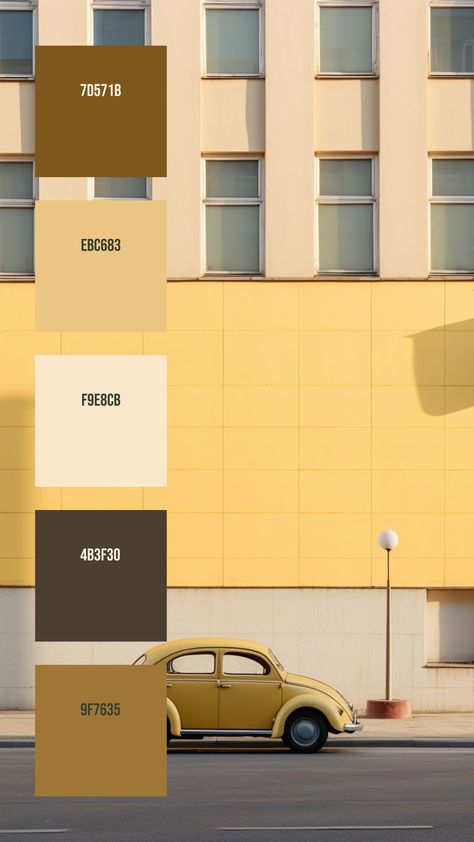 Colors:
7D571B
EBC683
F9E8CB
4B3F30
9F7635 Light Yellow Palette, Car Color Palette, Vintage Beetle, Volkswagen Beetle Vintage, Yellow Palette, Vintage Volkswagen, Long Shadow, Late Afternoon, Car Colors