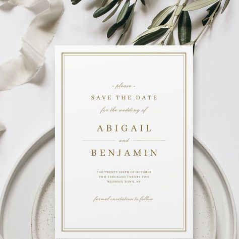 Elegant Gold Classy Minimalist Save The Date #zazzle #weddinginvitations #birthdayinvitations #babyshowerinvitations #zazzleinvitations #monogram #businesscards #graduation #homedecor Wedding Save The Date Elegant, Vintage Fall Wedding, Simple Invitations, Champagne Gold Wedding, Minimalist Save The Date, Gold Save The Dates, Classy Minimalist, Elegant Winter Wedding, Color Minimalist