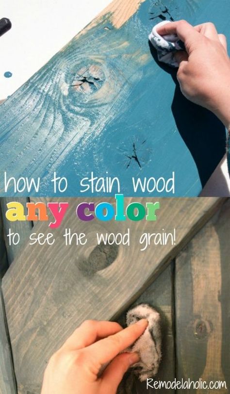 How to use paint to color wash and stain wood any color -- the wood grain still shows through @Remodelaholic How To Stain Wood, Easy Woodworking Ideas, Stain Wood, Woodworking Shows, Pallet Crafts, Diy Holz, Wood Working For Beginners, Paint Stain, Redo Furniture