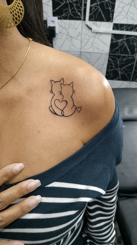 Fine Line Kitty Tattoo, 4 Cat Tattoo Designs, Kitty Outline Tattoo, Negative Space Cat Tattoo, Cats Memorial Tattoo, Cat Tattoo Placement Ideas, Unique Cat Tattoo Ideas, Tattoo Ideas For Your Cat, Cat Heaven Tattoo