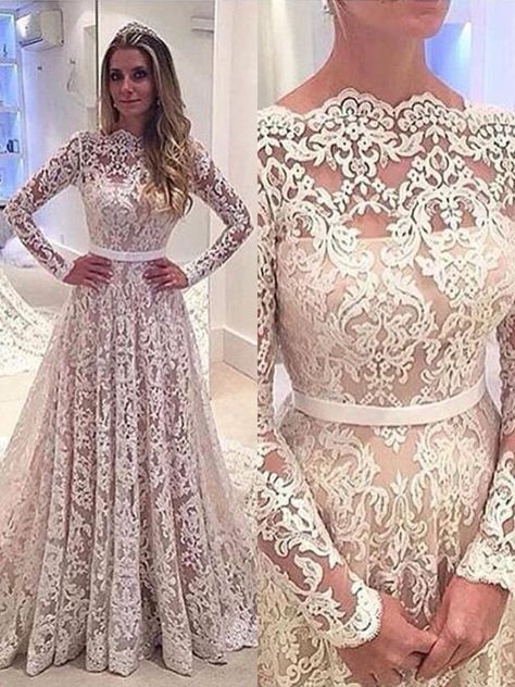 A-Line/Princess Bateau Long Sleeves Lace Court Train Wedding Dresses - Wedding Dresses 2018 - Wedding Dresses - Hebeos Online, PON1506EV948, Spring, Summer, Fall, Winter, Lace, Bateau, A-Line/Princess, Long Sleeves, Natural, Other, Court Train, hebeos.com Ivory Lace Wedding Dress, Simple Prom Dress, Long Sleeve Wedding Dress Lace, Long Sleeve Prom, Lace Prom Dress, Sleeve Wedding Dress, A Line Prom Dresses, A Wedding Dress, Ivory Wedding Dress