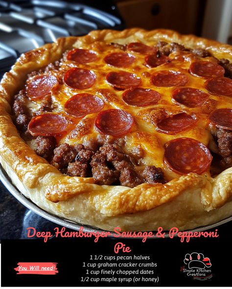 Indulge in the ultimate comfort food with this delicious Deep Hamburger Sausage & Pepperoni Pie recipe. Packed with savory flavors and gooey melted cheese, this dish is perfect for a cozy night in with your loved ones. Follow the easy steps to create this mouthwatering pie and satisfy your cravings in no time! #comfortfood #savorypie #hamburgerpies Potato Cheddar Soup, Creamy Mushroom Soup, Parmesan Crusted Chicken, Homemade Dough, Cheddar Soup, Savory Pie, Homemade Pie, Ultimate Comfort Food, Pumpkin Soup