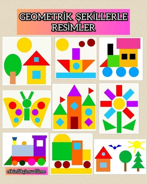 Geometry Kindergarten, Shape Activities, Shape Activities Preschool, Shapes Preschool, Shape Pictures, Learning Shapes, Preschool Arts And Crafts, Shapes Activities, Preschool Art Activities