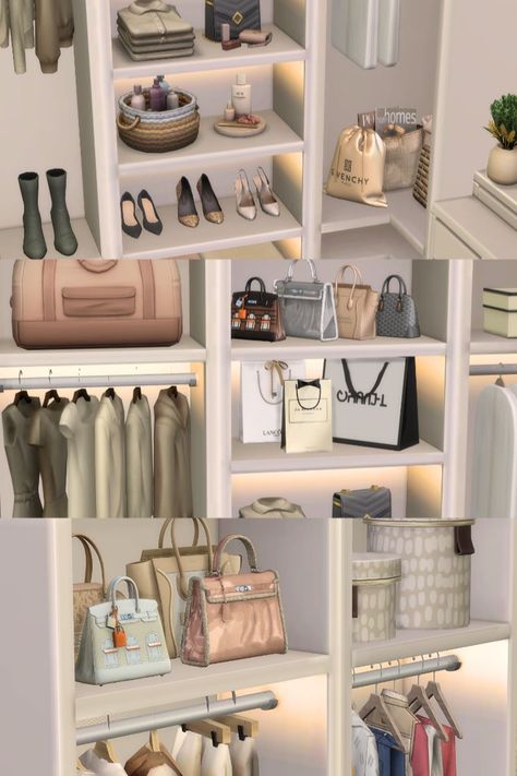 Today I'm showcasing another favorite room of mine in the house- the closet! I love a good walk-in closet and can't resist making them in The Sims #TS4Decor #SimStyle #TS4Furniture #SimHomeDecor #Sims4CustomContent #SimDesignInspiration #Sims4GamingInteriors #TheSims4Aesthetic #Sims4HomeInspo #TS4Gamer #TS4cc Sims 4 Clothes Decor Cc, Sims Hack, Ts4 Aesthetic Cc, Sims Wardrobe, Sims 4 Aesthetic Cc Furniture Bedroom, Bedroom Clutter, Sims 4 Closet Clutter Cc, Sims Closet Cc, Sims4 Cc Closet