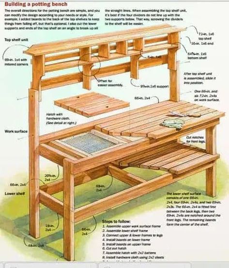 Beautiful Garden Potting Bench Plans + Ideas | Family Food Garden Garden Table Plans, Potting Benches Diy, Potting Bench With Sink, Diy Garden Table, Potting Bench Ideas, Pallet Potting Bench, Diy Potting Bench, Potting Bench Plans, Potting Station