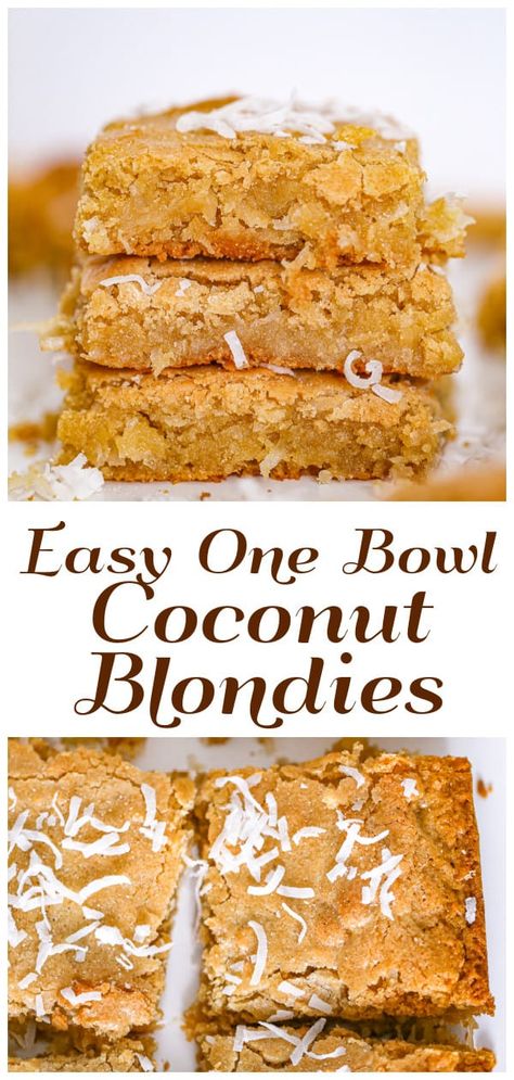 These homemade Coconut Blondies are rich, buttery, and chewy with sweetened coconut baked right in! Super easy to make for coconut lovers! Recipes Using Sweetened Coconut, Coconut Oil Desserts, Easy Desserts Coconut, Recipes With Sweetened Coconut, Shredded Coconut Recipes Desserts, Sweetened Coconut Recipes, Recipes Using Coconut, Recipes Using Shredded Coconut, Easy Coconut Desserts