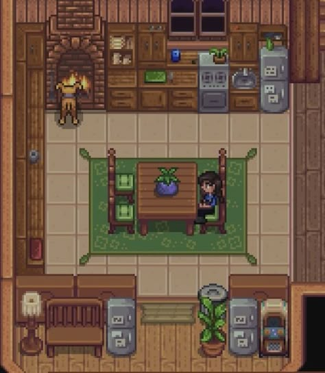 Stardew Valley House Interior Kitchen, Coop Design Stardew Valley, Stardew Valley Coop Design, Stardew Pet Area, Stardew Valley Dog Area, Shed Design Stardew Valley, Stardew Valley Kitchen, Stardew Valley Kitchen Design, Stardew Valley Farm Asthetic