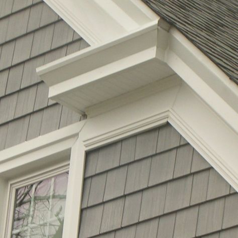 grey shingles, chunky white trim Vinyl Shingle Siding, Vinyl Cedar Shake Siding, Certainteed Vinyl Siding, Vinyl Shake Siding, Cedar Shake Siding, White Farmhouse Exterior, Exterior Gray Paint, Shake Siding, Window Trim Exterior