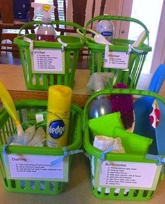 Kids Chore Baskets. Think I might do separate ones for each. Maybe it would make them more excited about chores. Oppgaver For Barn, Chore List, Chores For Kids, Chore Chart, Diy Cleaning Products, Cleaning Organizing, Business For Kids, Raising Kids, Cleaning Products