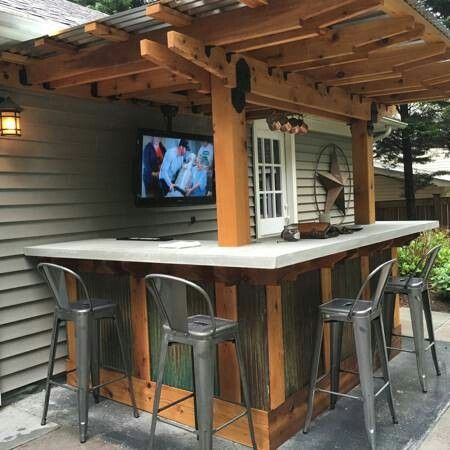 Pool Patio Bar Ideas, Patio Bars Outdoor Decks, Outdoor Bar And Grill Ideas Backyard, Shed Grill Area, Pergola Bar Ideas, Poolside Bar Ideas, Movie Outside, Backyard Bars, Outdoor Tv Mount