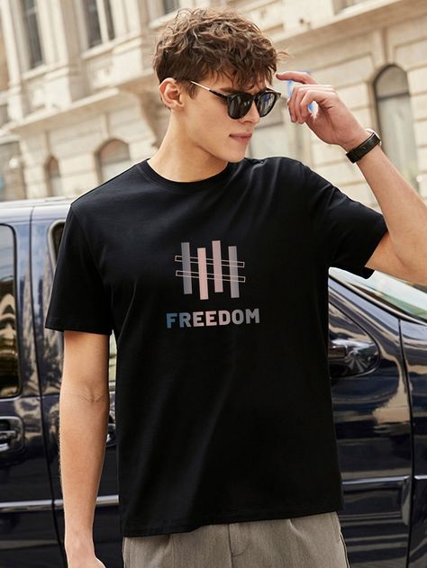 Black Casual  Short Sleeve Polyester Geometric Letter   Slight Stretch Summer Men Tops Business Casual Attire For Men, Boys Shirts Pattern, Black Preppy, Typography Shirt Design, Free T Shirt Design, Creative T Shirt Design, Tshirt Design Inspiration, Tshirt Design Men, Boys Summer Outfits