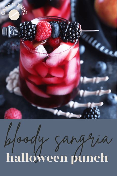 Bloody Sangria Halloween Punch Scary Drinks For Halloween, Witches Brew Sangria, Halloween Sangria Recipes Easy, Large Batch Party Cocktails Halloween, Vampire Punch Alcohol, Halloween Punches With Alcohol, Halloween Sangria Punch, Blood Bag Drink Recipe, Halloween Adult Punch