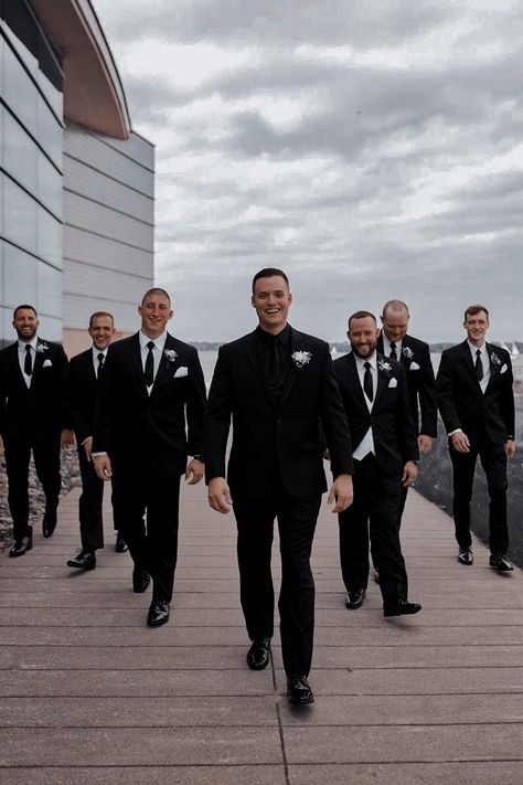 Wedding Party Tuxedo, All Black Tux, Groomsmen Attire Black, Wedding Groomsmen Attire, Black And White Wedding Theme, Wedding Tux, Groom Wedding Attire, Man Wedding, Black Suit Wedding