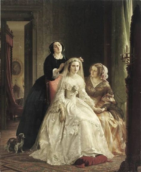 Josephus Laurentius Dyckmans ( Born in Holland, 1811-1888 ) The Bride Save Money Wedding, Victorian Paintings, Wedding Painting, Karakter Disney, Beautiful Beach Wedding, Historical Painting, Victorian Wedding, Dutch Artists, Victorian Art