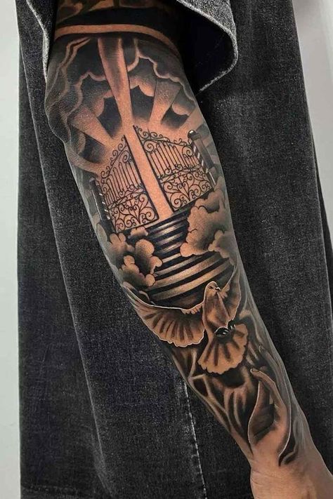 Heaven Tattoos For Men, Tattoos With Clouds, Angel Sleeve Tattoo, Arm Cover Up Tattoos, Christus Tattoo, Tattoos For Guys Forearm, Heaven Tattoo, Arm Tattoos For Guys Forearm, Half Sleeve Tattoo Stencils