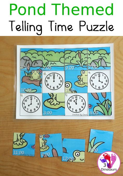 Free Pond Telling Time Puzzle - work on telling time hourly with this fun puzzle - 3Dinosaurs.com #tellingtime #mathforkids #freeprintable #3dinosaurs Animal Science Experiments, Telling Time Games, Telling Time Activities, 3 Dinosaurs, Free Homeschool Printables, Math Activities For Kids, Free Puzzles, Kindergarten Centers, Math Time