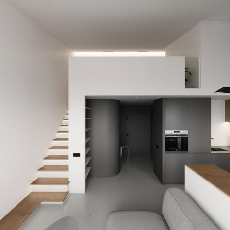 Duplex apartment designed by Pogodin Rogov Group, is an apartment for a young couple in Korolev, Moscow Region. High ceilings made it possible to form a second level for a bedroom with a wardrobe, resulting in a concise two-light space, as well as an increased useful area. #architecture #house #fashion #decor #diy #homedecor #amazingarchitecture #interiordesign #contemporanyhome #modern #residence #designer Modern A Frame Cabin, Apartemen Studio, Place In London, Mini Apartments, Slope House, Mini Loft, Duplex Design, Condo Design, Small Loft