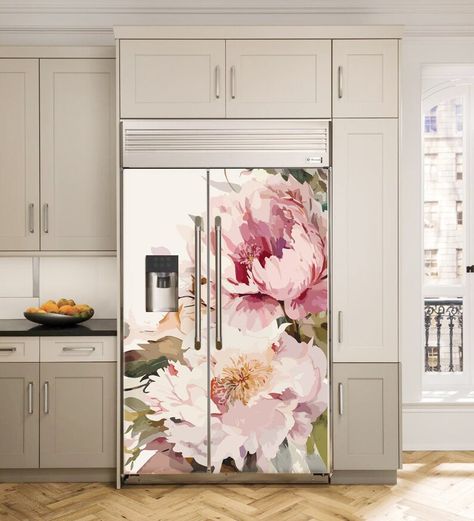 Peony Fridge Wrap Vintage Floral. Boho Refrigerator Wrap Vinyl - Etsy Ukraine Flower Kitchen Decor, Decorative Fridge, Refrigerator Wrap, Fridge Wrap, Fridge Decals, Refrigerator Wraps, Flower Kitchen, Fridge Decor, Vinyl Siding