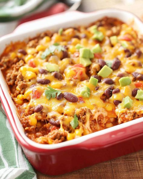 Beef And Bean Taco Casserole, Tex Mex Bake, Tex Mex Ground Beef Recipes, Ground Beef And Beans, Ground Beef Nachos, Mexican Ground Beef Casserole, Nacho Casserole, Tex Mex Casserole, Beef And Beans