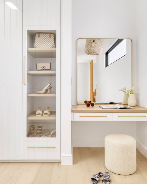 Walk In Wardrobe Layout, Wardrobe Layout, Built In Dressing Table, Mediterranean Inspired Home, Walk In Wardrobe Design, Three Birds Renovations, Makeup Desk, Wardrobe Designs, Walk In Robe