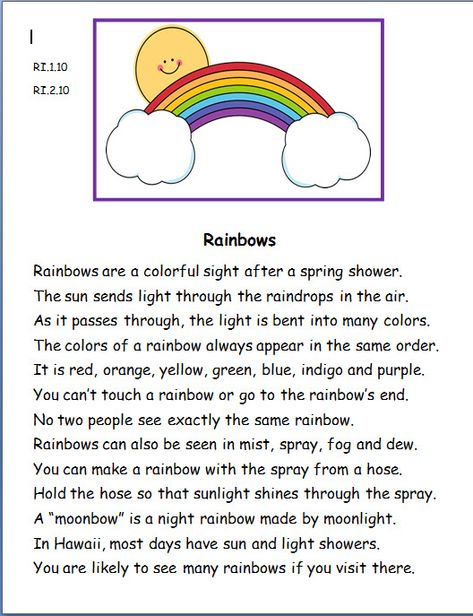 All About Rainbows, Rainbow Worksheet, Rainbow Lesson Kindergarten, Rainbow Poems For Kids, How Are Rainbows Formed For Kids, Story For Grade 1, Books About Rainbows Preschool, Rainbow Story, Rainbow Facts