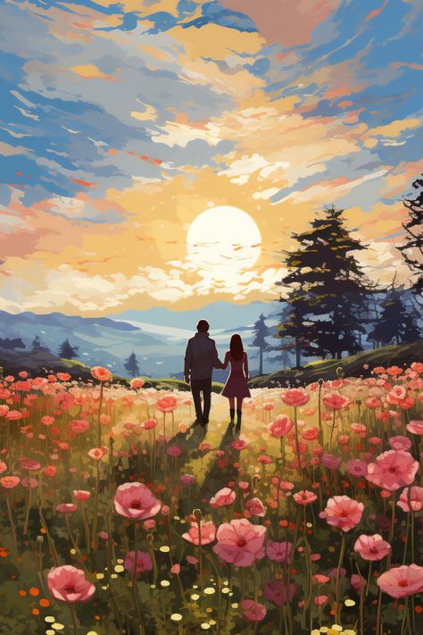 Flower Field Illustration, Field Illustration, A Field Of Flowers, Silhouette People, Field Of Flowers, Woman Silhouette, Cute Love Couple Images, Wall Gallery, Photo To Video