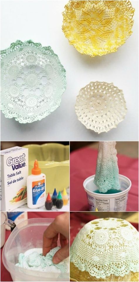 Want a Cozy Home? These 25 DIY Projects will bring the Charm You Need - DIY & Crafts Craft Bowls, Doily Bowls, Doily Crafts, Fun Diy Projects, Doilies Crafts, Diy And Crafts Sewing, Shabby Chic Crafts, Inviting Home, Craft Wedding