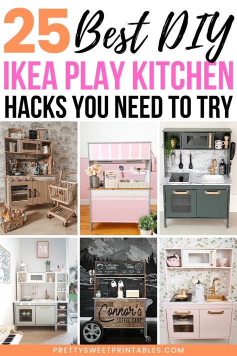 ikea play kitchen hacks Functional Play Kitchen, Ikea Toy Kitchen Hack, Diy Ikea Kitchen, Kids Play Kitchen Accessories, Ikea Toy Kitchen, Ikea Play Kitchen Hack, Ikea Kids Kitchen, Functional Play, Ikea Play