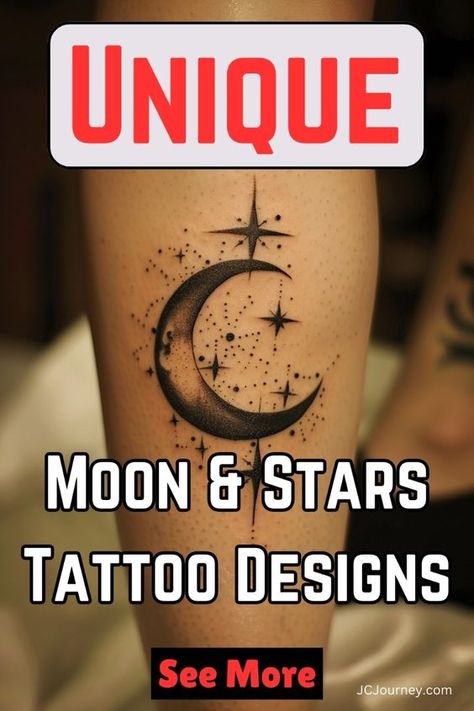 Moon and Stars tattoo designs for every part of the body. These tattoos look great anywhere on a man or a woman. Come check them out now or save the pin for later. Moon tattoo. Star tattoo. Tattoo locations. Black ink tattoo. Mother Daughter Tattoos Moon And Stars, Universe Inspired Tattoos, Moon Dream Catcher Tattoo Design, Moon And Stars Tattoo Behind Ear, Men Moon Tattoo, Crescent Moon Tattoo Ideas, Moon And Stars Tattoo Designs, Unique Moon Tattoo Ideas, Sun Moon Stars Tattoo