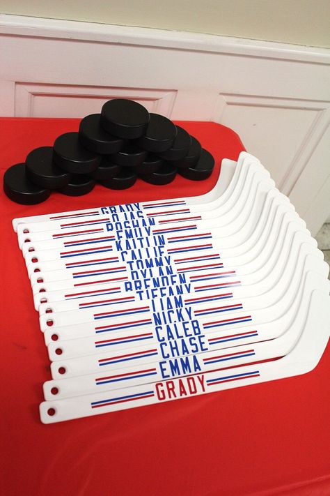 Hockey Team Party Ideas, Hockey Themed Party Favors, Hockey Holiday Party, Ice Hockey Themed Party, Hat Trick Hockey Birthday, Girls Hockey Birthday Party, Hat Trick Birthday, Hockey Theme First Birthday, Hockey Themed Party