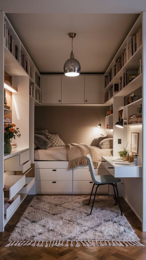 Bedroom Storage Small Room, Small Space Masterbedroom, Box Bedroom Storage Ideas, Box Room Storage Ideas, Bedroom With Storage Ideas, Wardrobe In Small Bedroom, Small Box Bedroom Ideas, Small Room Maximize Space, Extra Small Bedroom Ideas