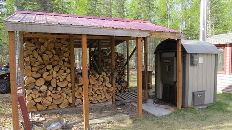 Wood shed with wire mesh separating the three bays and the wood boiler set for easy loading. Wood Boiler Shed, Outdoor Wood Boiler Shed, Outdoor Wood Burning Furnace, Outdoor Wood Boiler, Wood Burning Furnace, Outdoor Wood Burner, Outdoor Wood Furnace, Homestead Design, Wood Furnace