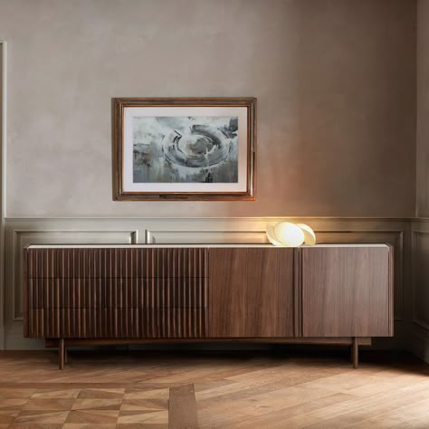 The AERO sideboard is a piece of great personality, with solid wood elements which add to its character and create a play of light and shadows. AERO, with its 179 individual parts, brings together an exemplary attention to detail and great craftsmanship to create a reference sideboard. Sideboards And Buffets Dining Rooms, Sideboard Styles, Sideboard Modern, Sideboard Decor, Contemporary Sideboard, Modern Buffet, Sideboards Living Room, Dining Room Contemporary, Dining Room Buffet