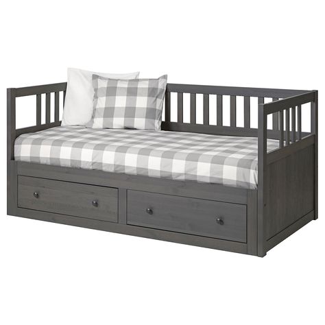 HEMNES Daybed with 2 drawers/2 mattresses, gray stained, Meistervik, 38 1/4x74 3/8". Four functions - sofa, single bed, double bed and storage solution. Get all-over support and comfort with a resilient foam mattress. Ikea Hemnes Daybed, Hemnes Daybed, Divan Cama, Daybed Frame, Sofa Bed Wooden, Spare Bed, Painted Beds, Side Bed, Ikea Hemnes