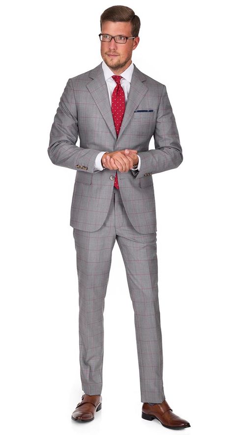 Gray Suit Red Tie, Grey And Red Suit, Grey Suit Red Tie, Suit Red Tie, Red Tie Men, Grey Suit Men, Men's Business Outfits, Men's Business Suits, Custom Suits