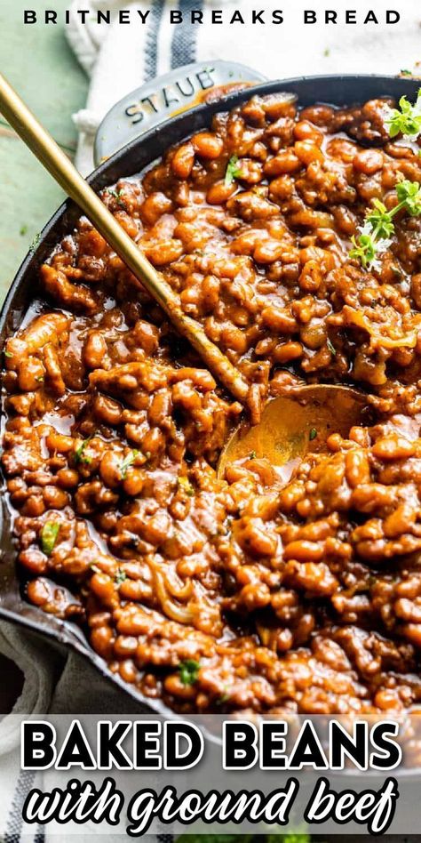 Baked beans with ground beef from Britney Breaks Bread is the perfect side dish that's always been a crowd pleaser. Inspired by a southern recipe, these baked beans will become a favorite at your table. Filled with all your favorite baked bean flavors, this side dish is easy to make and tastes great too. Try this amazing baked beans with ground beef recipe! Ground Beef Baked Beans, Baked Beans With Hamburger, Baked Beans With Ground Beef, Beans With Ground Beef, Southern Baked Beans, Cowboy Baked Beans, Simple Baked Beans Recipe, Canned Baked Beans, Best Baked Beans